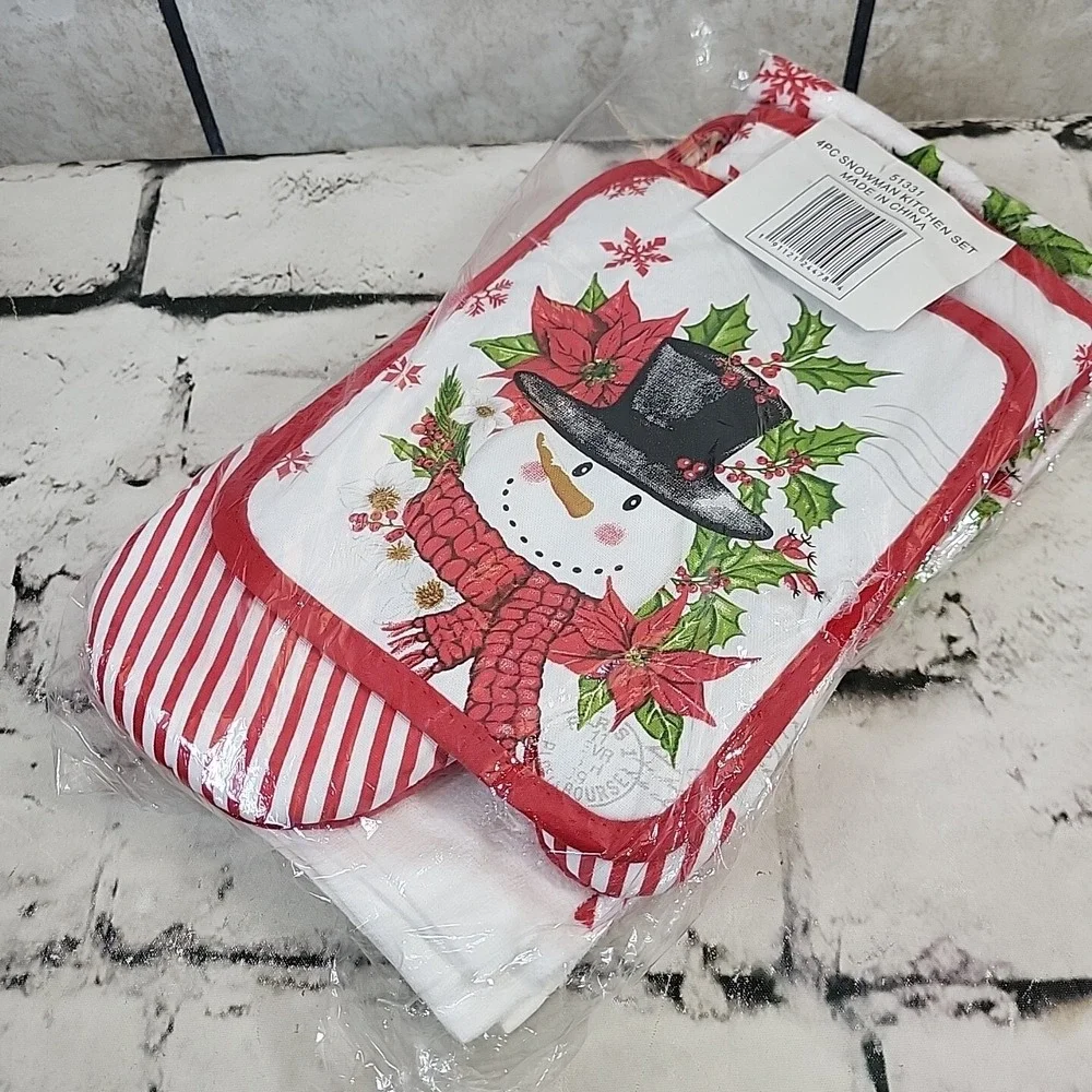 Christmas Towels Oven Mitt Hot Pad 4pc Kitchen Set Snowman Poinsettias New
